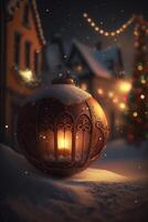 Enchanting Christmas Scene with Snowy Streets and Illuminated Homes photo