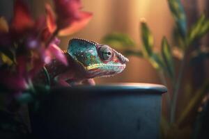 Chameleon Perched on Flowerpot on Window Sill photo