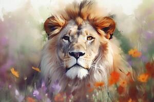 Majestic Lion Resting Amongst Summer Flowers in Watercolor photo