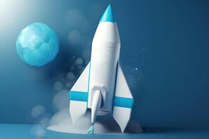 Symbolic 3D Rendering of White Rocket Model against Blue Background for Startup Concepts photo