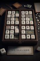 Colorful Chinese Mahjong Set with Tiles, Dice and Counters on Table photo