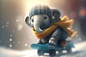 adorable pequeño elefante trituración nieve en un tabla de snowboard ai generado foto