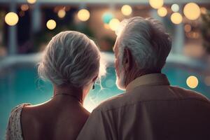 amor y ocio en antiguo años abrazando Sueños en vacaciones por el piscina ai generado foto