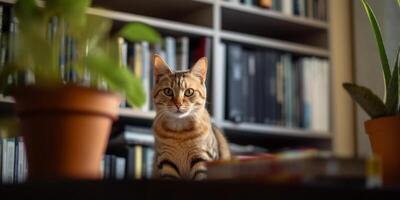 sofisticado felino un gato en un moderno Departamento rodeado por libros ai generado foto