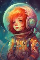 pequeño muchachas fantástico viaje en espacio un estilo comic pintura en vibrante colores con un mágico toque ai generado foto