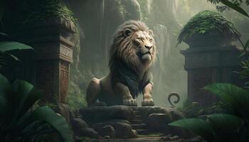 Majestic Lion Sculpture in Jungle Landscape Chinese Artwork photo
