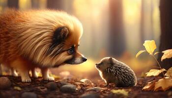 Adorable Pomeranian dog and a little hedgehog sniffing each other in autumn photo