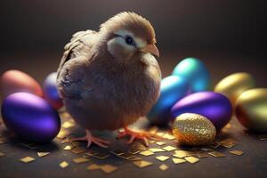 Adorable little chicken chicks with Easter eggs in a basket photo