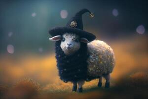 Cute Little Sheep Dressed as a Witch for Halloween in a Fall Field photo