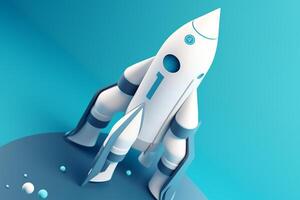 Symbolic 3D Rendering of White Rocket Model against Blue Background for Startup Concepts photo