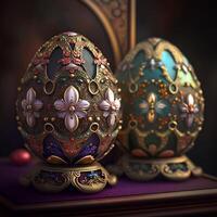 admirar el opulencia de ruso fabergé huevos con oro detallado ai generado foto