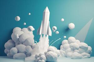 blanco cohete modelo volador mediante nublado azul cielo como un símbolo de puesta en marcha éxito y innovación ai generado foto