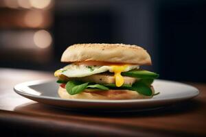 Avocado, Spinach and Fried Egg Sandwich on a Fresh Brioche Bun photo