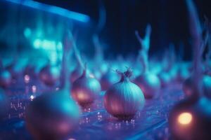 Growing onions indoors using artificial UV light for better yield photo