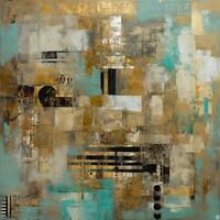 Urban Rhapsody A Dynamic Fusion of Grungy Patchwork and Eclectic Collage in Vibrant Turquoise and Sepia Tones photo