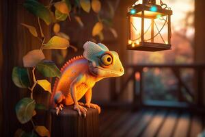 Charming Chameleon chilling near treehouse lantern photo