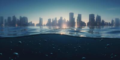 división puntos de vista ciudad horizonte encima y submarino desde el mar ai generado foto