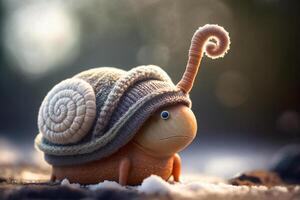 un gracioso contento Navidad caracol en el nieve ai generado foto