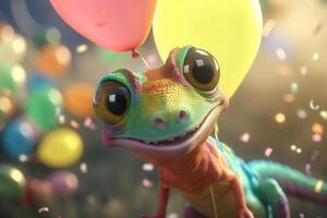 Crazy Chameleon Celebrating with Balloons and Wild Joy photo