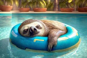 exhausted and tired sloth sleeps in a swimming ring in the swimming pool photo