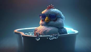 A chicken with glasses relaxing in a hot tub photo