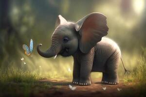 Playful Elephant Catches Butterfly with Trunk in Field of Flowers photo