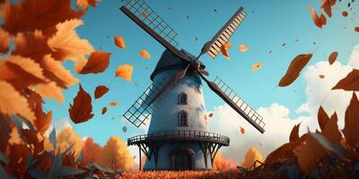 Fantastic traditional windmill in autumn illustration photo