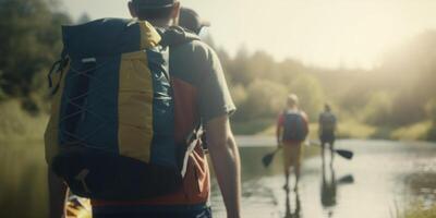 Exploring the Outdoors Group Hiking and Camping by the River with Backpacks photo