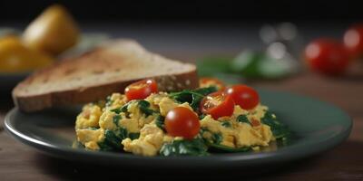 Savory spinach scrambled eggs on a dark plate photo