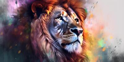Vibrant Watercolor Portrait of a Majestic Lion photo