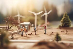 Collaborative group working on renewable energy concept with wind turbines in background photo