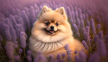 Pomeranian Pup Ponders in a Picturesque Purple Paradise of Lavender Fields photo