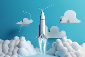 White Rocket Model Flying Through Cloudy Blue Skies as a Symbol of Startup Success and Innovation photo