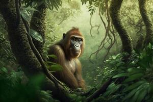 A Curious Orangutan in its Natural Habitat Looking Directly at the Camera photo