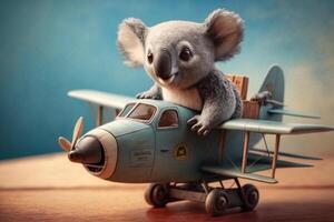 Koala sits in toy airplane and plays pilot content photo