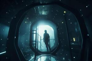 explorador el futurista submarino persona caminando abajo el largo iluminado en azul pasillo hacia el brillante ligero a el final ai generado foto