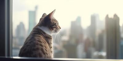 ciudad gato mirando fuera ventana a rascacielos ai generado foto