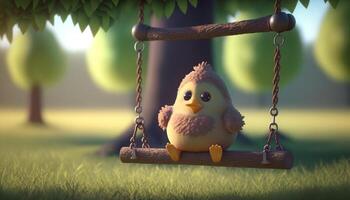 Chirpy Chick Swinging on a Wooden Swing under the Shade of a Tree photo