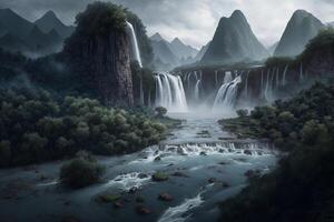 encantado chino paisaje majestuoso montañas, cascada cascadas, y místico cuevas ai generado foto