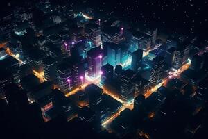 ciudad luces desde encima un aves ojo ver de un iluminado metrópoli a noche ai generado foto