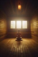 hallazgo paz dentro mujer meditando en con las piernas cruzadas yoga actitud ai generado foto