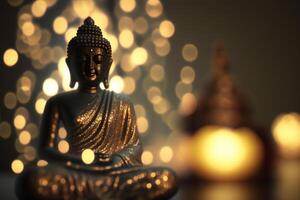 Close-up of golden Buddha statue with bokeh background photo