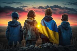 futuros de libertad niños con ucranio banderas mirando a atardecer, un esperanzado símbolo de un más brillante mañana ai generado foto