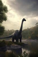 Majestic Giants of the Prehistoric World A Realistic Illustration Showcasing the Brachiosaurus in an Enchanting Prehistoric Landscape photo