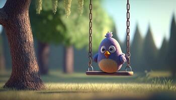 Chirpy Chick Swinging on a Wooden Swing under the Shade of a Tree photo