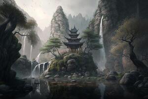 Enchanted Chinese Landscape Majestic Mountains, Cascading Waterfalls, and Mystical Caves photo