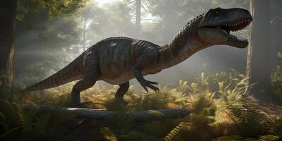 Roaming the Ancient Lands A Realistic Illustration Showcasing the Mighty Allosaurus in a Prehistoric Landscape photo