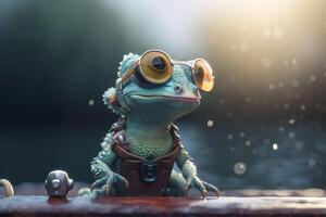 A funny chameleon with glasses sitting on a car hood photo