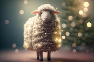 Cute and Funny Woolen Sheep Decorated with Lights Like a Christmas Tree for the Holiday Season photo