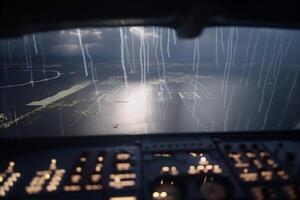 aterrizaje en el tormenta un del piloto ver de el pista en medio de lluvia, iluminación, y instrumento luces ai generado foto